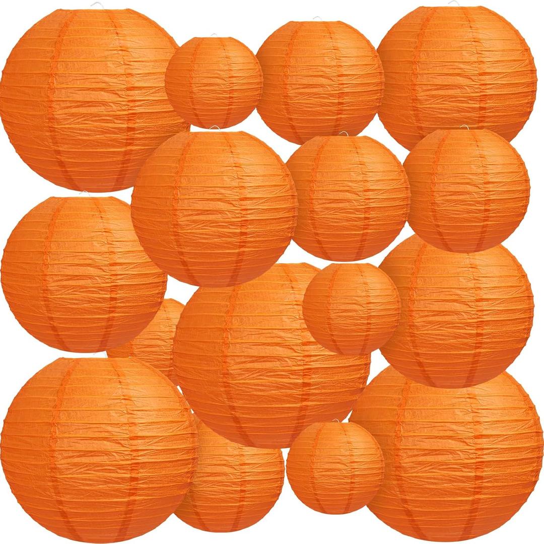 16Pcs Orange Paper Lanterns, Various Sizes (6" 8" 10" 12") Hanging Chinese Japanese Orange Paper Lanterns for Wedding Birthday Baby Shower Bridal Shower Fall Party Decorations