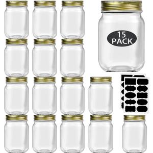 Rainforce 16 oz Mason Jars With Lids Regular Mouth 15 Pack-16 oz Glass Jars with Gold Lids,Bulk Pint Clear Glass Jars For Meal Prep, Food Storage With 20 Labels