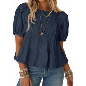 Tankaneo Womens Puff Sleeve Peplum Babydoll Tops Summer Flowy Pleated Cotton T-Shirts Casual Loose Fit Cute Blouse, Large