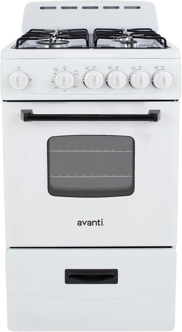 Avanti Gas Range Oven, Compact Freestanding Design, 4 Sealed Burners with Electronic Ignition, 2.1 Cu.Ft. Capacity Features Framed Glass Door Storage Drawer Broiler and Accessories, 20-Inch, White