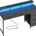 Huuger Gaming Desk with 6 Drawers, Computer Desk with LED Lights Power Outlets and Type-C, 47 Inch Office Desk with Storage, Monitor Stand, Writing Desk Work Desk Home Office, Bedroom, Study, Black