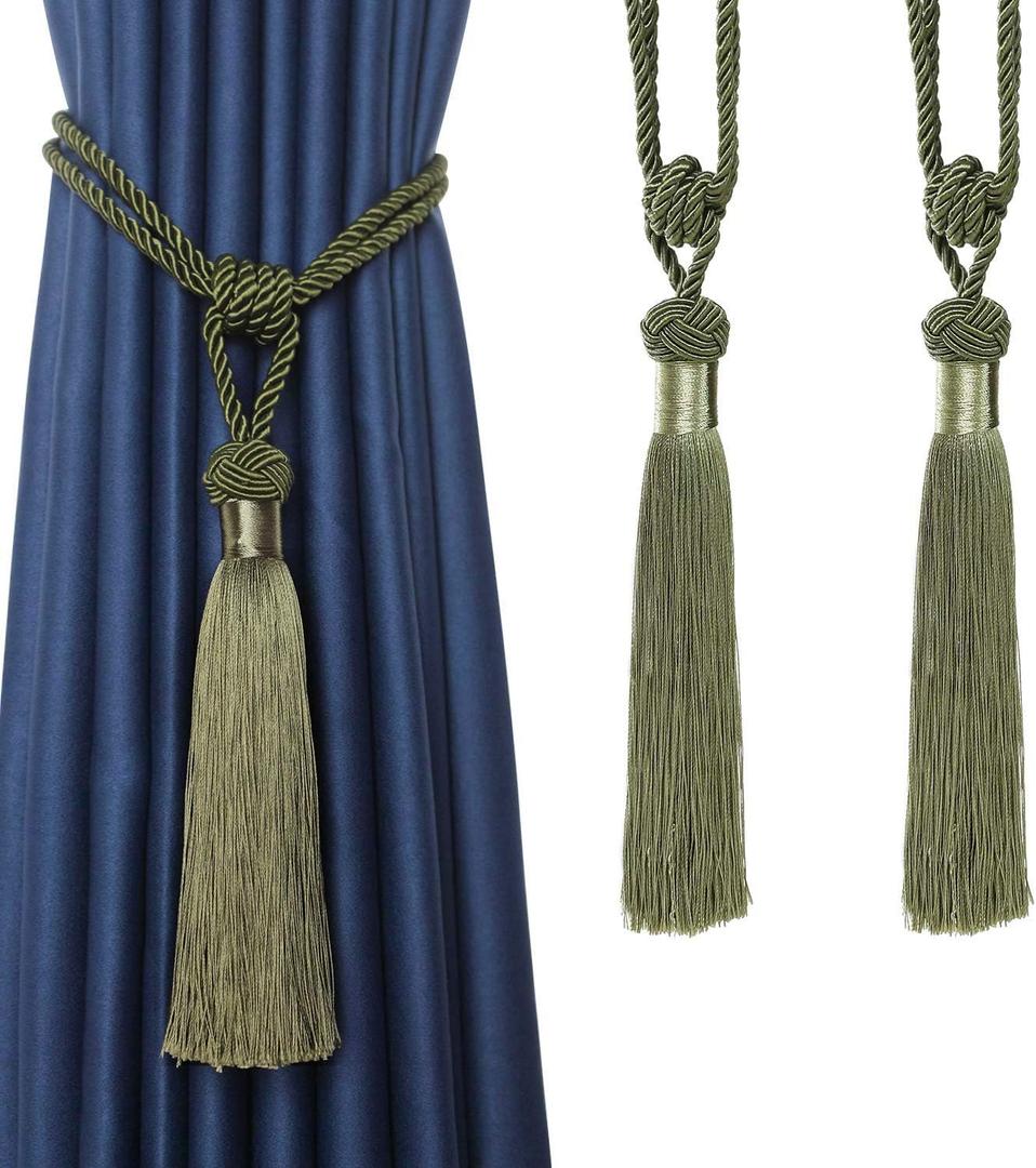 BEL AVENIR Curtain Tiebacks Hand-Woven Holdbacks Home Decorative Tassels Tiebacks (Green, 2 Pack)
