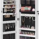 SONGMICS Jewelry Cabinet Armoire, Lockable Wall-Mounted Organizer Unit with 2 Plastic Cosmetic Storage Trays, Full-Length Frameless Mirror, White UJJC001W01