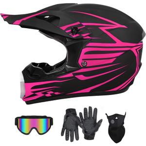 SanQing Youth Kids Motocross Helmet, Full Face Motorcycle Helmet for Dirt Bike ATV Four Wheeler MX Offroad Street Helmet with Gloves,Goggles,Face Shield DOT Approved (Small, Pink)