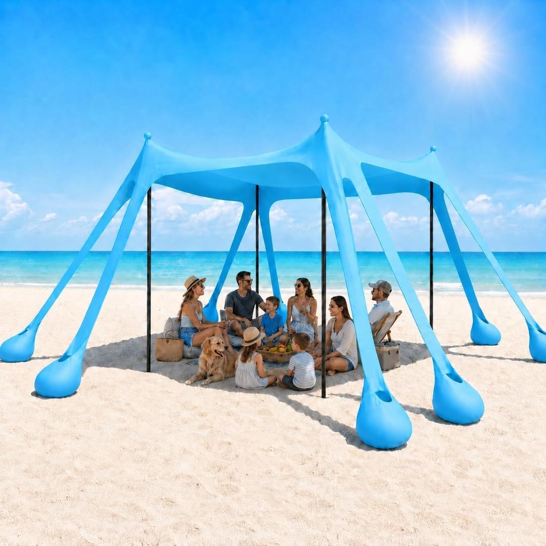 Beach Tent Sun Shelter 10x10 FT Beach Canopy Tent Sun Shade with 8 Sandbags, UPF 50+ Protection Sunscreen Beach Canopy, Outdoor Beach Shade for Sand, Camping Trip, Fishing, Backyard Fun Picnics