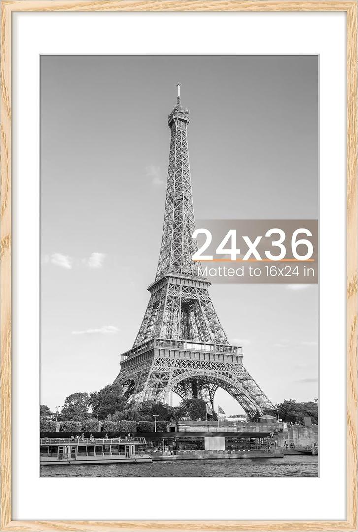 upsimples 24x36 Poster Frame, Display Pictures 20x30 with Mat or 24x36 Without Mat, Wall Hanging Picture Frame, Natural, 1 Pack