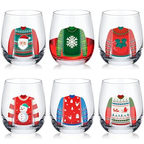 Pickmesh 6 Pcs Christmas Wine Glasses 12oz Xmas Ugly Sweater Stemless Drinking Glasses Cups Merry Christmas Party Gifts for Women Men Family