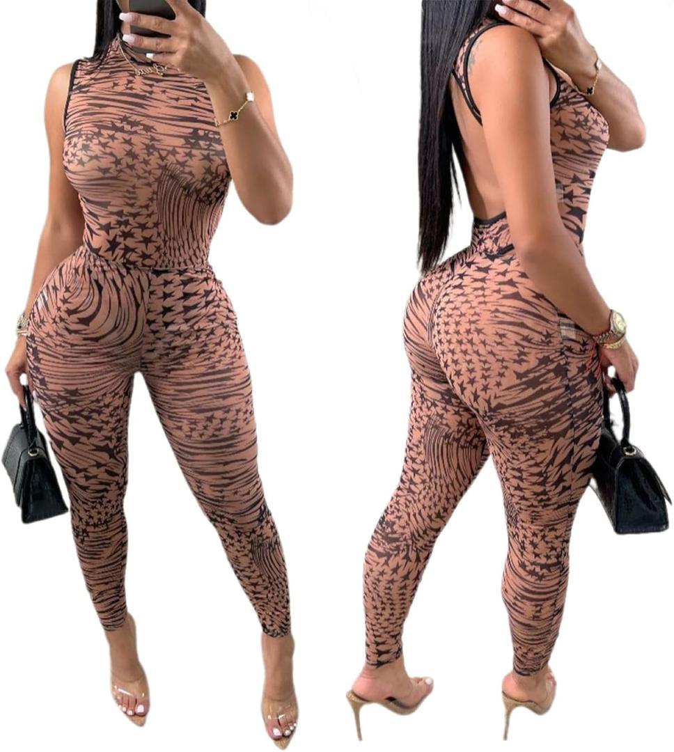 ksotutm Sexy Jumpsuit for Women Sleeveless Mesh Print Jumpsuit See Through Romper Club Outfits (Large)