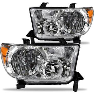 Headlight Compatible with 2007-2013 Toyota Tundra Headlights Replacement for 2008-2017 Toyota Sequoia Without leveling system with Black Housing Amber Reflector (Chrome Housing - Pair Set)