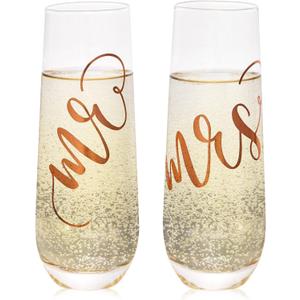 Juvale Set of 2 Mr and Mrs Champagne Toasting Flutes for Bride and Groom, His and Hers Wedding Day Glasses for Newlyweds, Engagement, Wedding and Bridal Shower Gifts (Rose Gold, 10oz)