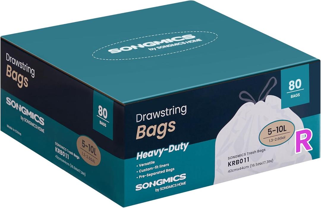 SONGMICS Trash Bags for 2.6-Gallon (10 L) Trash Cans, Drawstring Kitchen Garbage Bags, Pre-Separated, Quick-Dispense Box, Liner Code R, 2 Rolls, 80 Count, White UKRB011A02