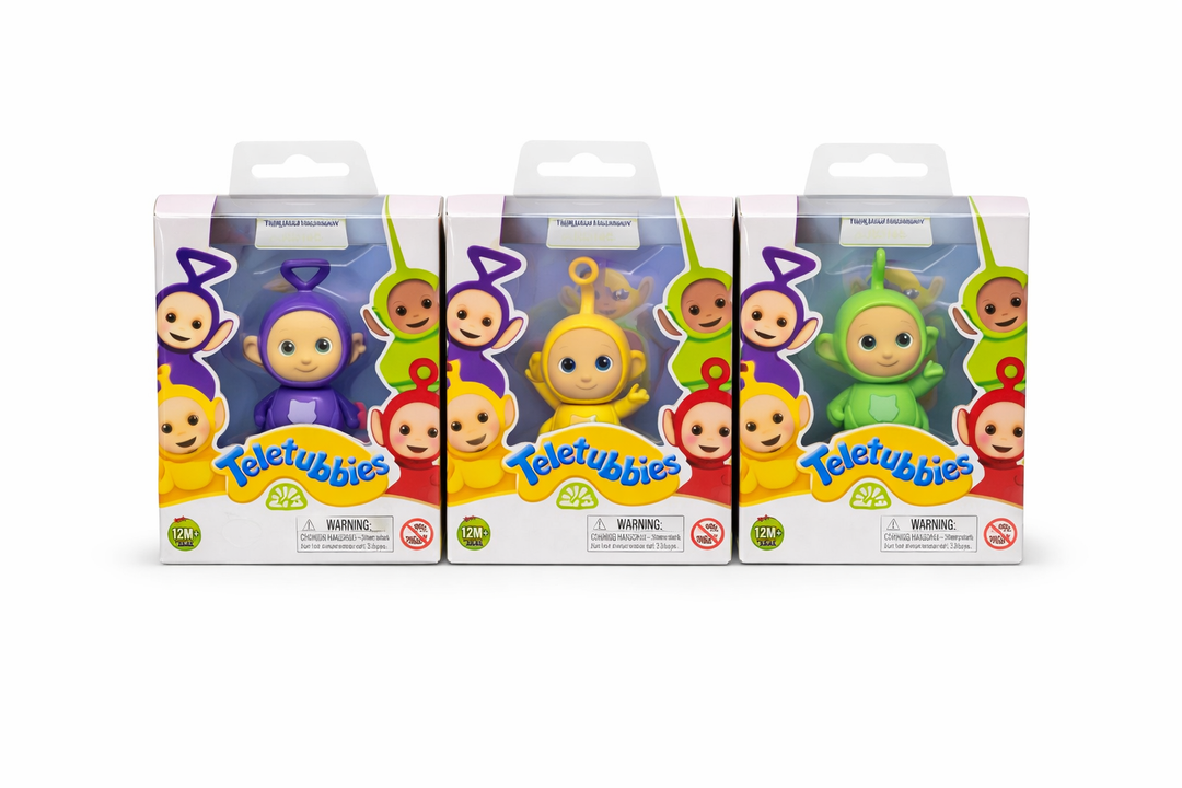 Teletubbies 4-Pack Set with Tinky Winky, Dipsy, Laa-Laa, Po 2.5-inch Flocked Cheebee Collectible Figures