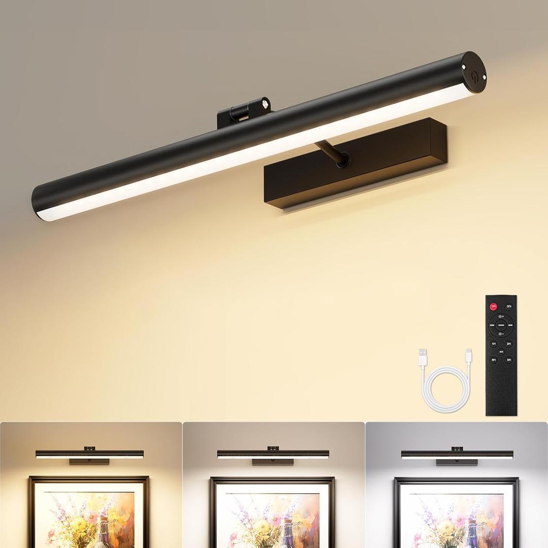 VOLISUN 16 inch Picture Lights for Wall, Rechargable Picture Light Battery Operated, 3 Color Temperatures Cordless Picture Light with Remote, Art Light for Paintings, Gallery, Portrait, 1 Pack (Black)