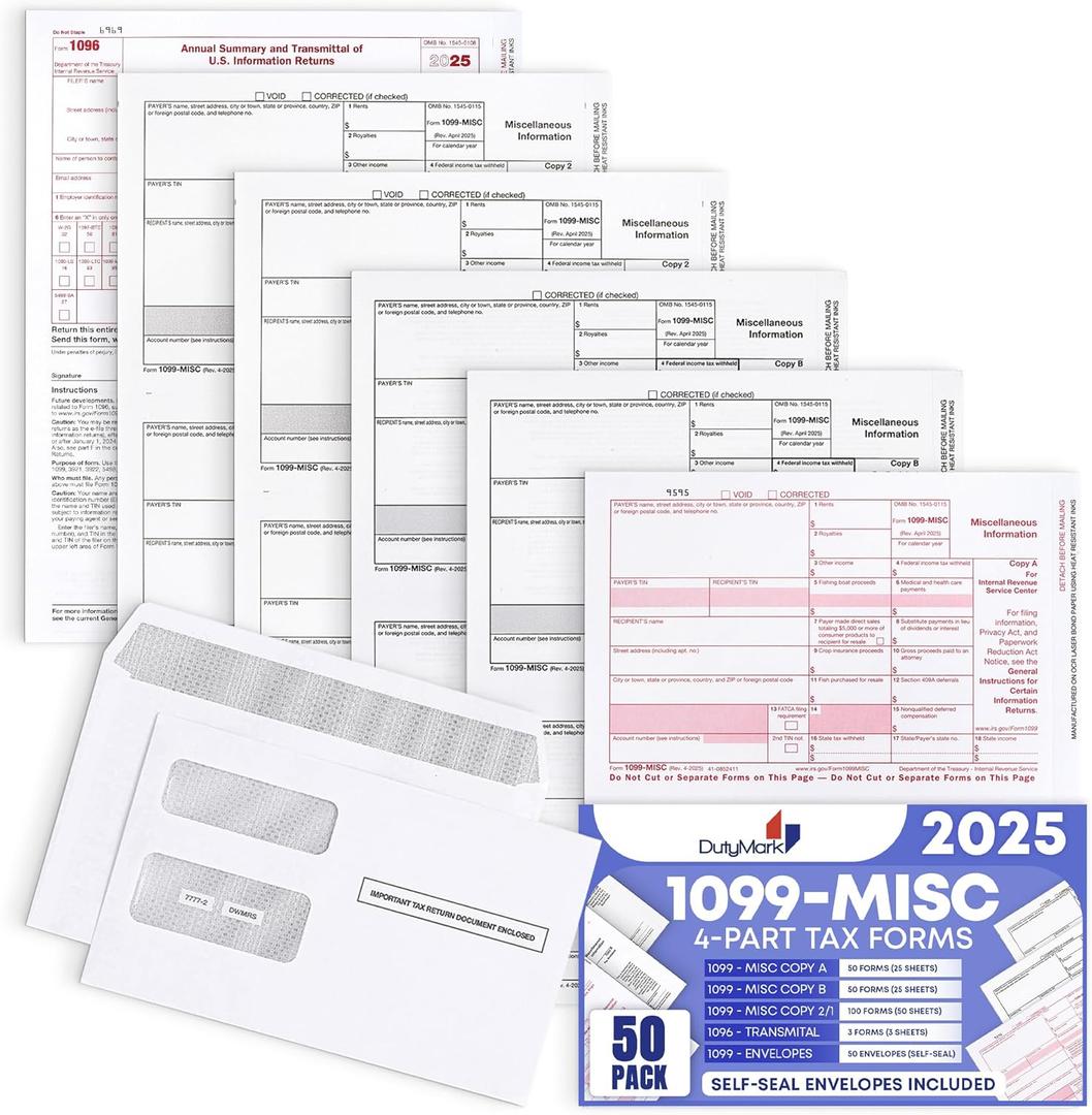 1099 MISC Forms 2025 with Envelopes, 4 Part Laser Tax Forms, 50 Vendors Kit with 50 Self-Seal Envelopes  Compatible for QuickBooks and Accounting Software, with 3 1096 Included, 50 Pack MISC 2025