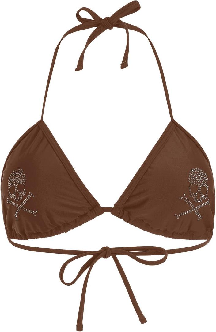 WDIRARA Women's Goth Skull Triangle Halter Bikini Top Rhinestone Tie Back Swimsuit Tops Swimwear (Brown, L)