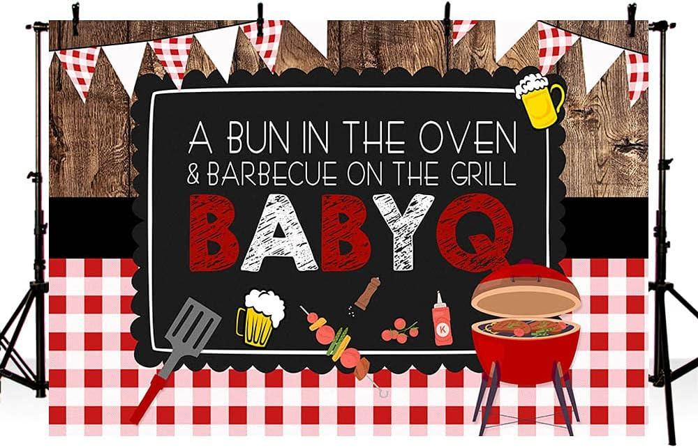 MEHOFOND 7x5ft BBQ Theme Party Backdrop Rustic Wooden Board White and Red Lattice Background Barbecue Baby Shower Party Banner Decor Photography Booth Props