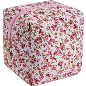 Cube Cosmetic Makeup Bag Small Cotton Quilted Makeup Pouch for Purse Cute Floral Travel Toiletry Zipper Pouch (Red Floral)