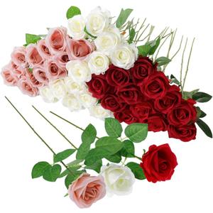 36 Pcs Red White Pink Artificial Roses with Long Stems, Fake Silk Rose Artificial Flowers Bulk for Bridal Wedding Bouquet Centerpiece Ball Arrangement Party Decor