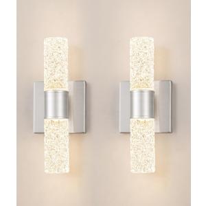 Brushed Nickel Wall Sconces Set of 2, LED Bathroom Vanity Light Fixtures, Hardwired Crystal Sconces Wall Lighting Over Mirror, LED Wall Mount Lights for Bedroom Hallway Indoor, 10W