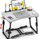 Lap Desk for Bed Adjustable Height, Foldable Bed Table with Storage Drawer, Tablet Slot & Cup Holder, Portable Laptop Stand for Bed & Sofa, Bed Desk for Adults & Kids, Light Stone Color