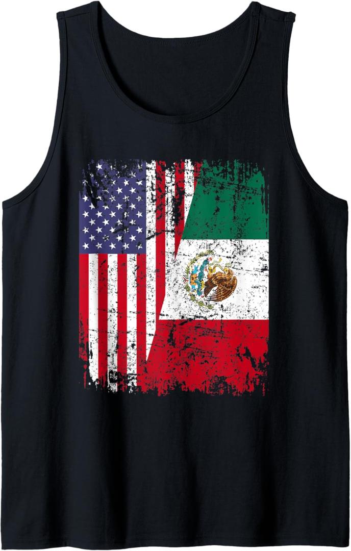 MEXICAN ROOTS | Half American Flag | MEXICO Tank Top (Small, Black)