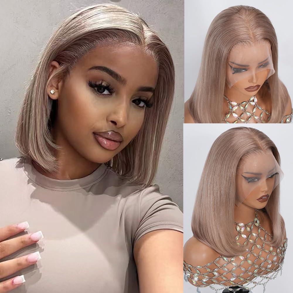 Ash Blonde Bob Wig Human Hair,13x4 HD Lace Frontal Human Hair Wig for Black Women Pre Plucked Straight Glueless Blonde Lace Front Short Bob Wigs 180% Denstiy (10 Inch)