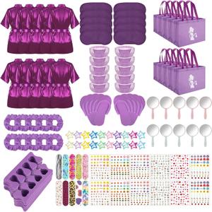 122 Pcs Purple Girls Spa Party Kit, 10-Pack Slumber Party Favors with Satin Robes, Tote Bags, and Nail Salon Accessories for Kids Spa Birthday, Halloween, Home Party Supplies