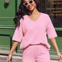 Ekouaer Two Piece Sets for Women Summer Lounge Sets 2026 Striped Shirts and Shorts Set Oversized Matching Outfit (Pink, M)