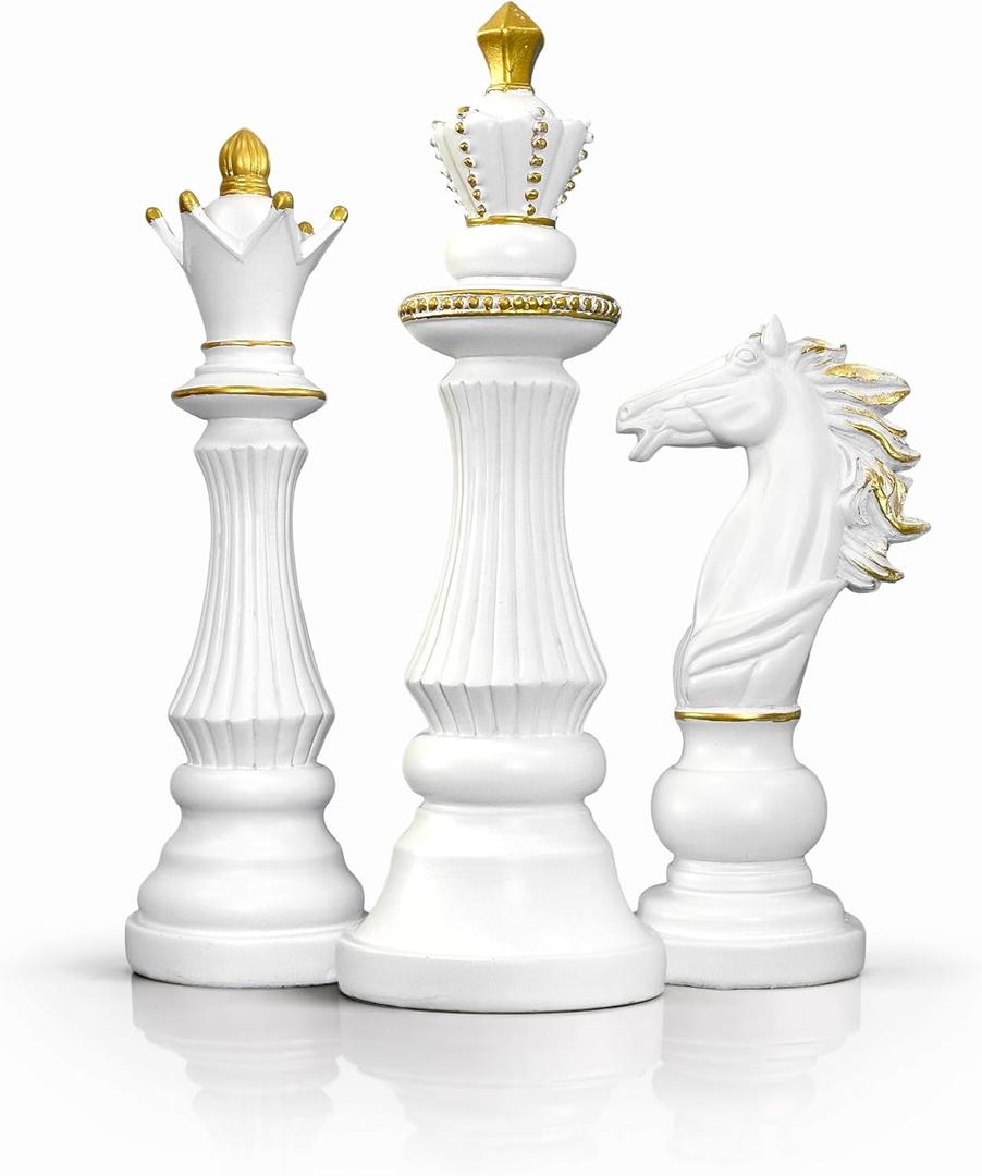 Large Chess Pieces Decor with Knight, King and Queen, Vintage Gold Chess Decor for Living Room, Bookshelves and Office Cabinets (White)