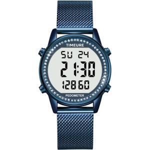 Women's Step Counter Pedometer Watch with Stainless Steel Bracelet, Stylish Design, No App, No Charging Needed for Step, Calorie, Distance, Alarm, Countdown TimerTU-2401 (Blue)