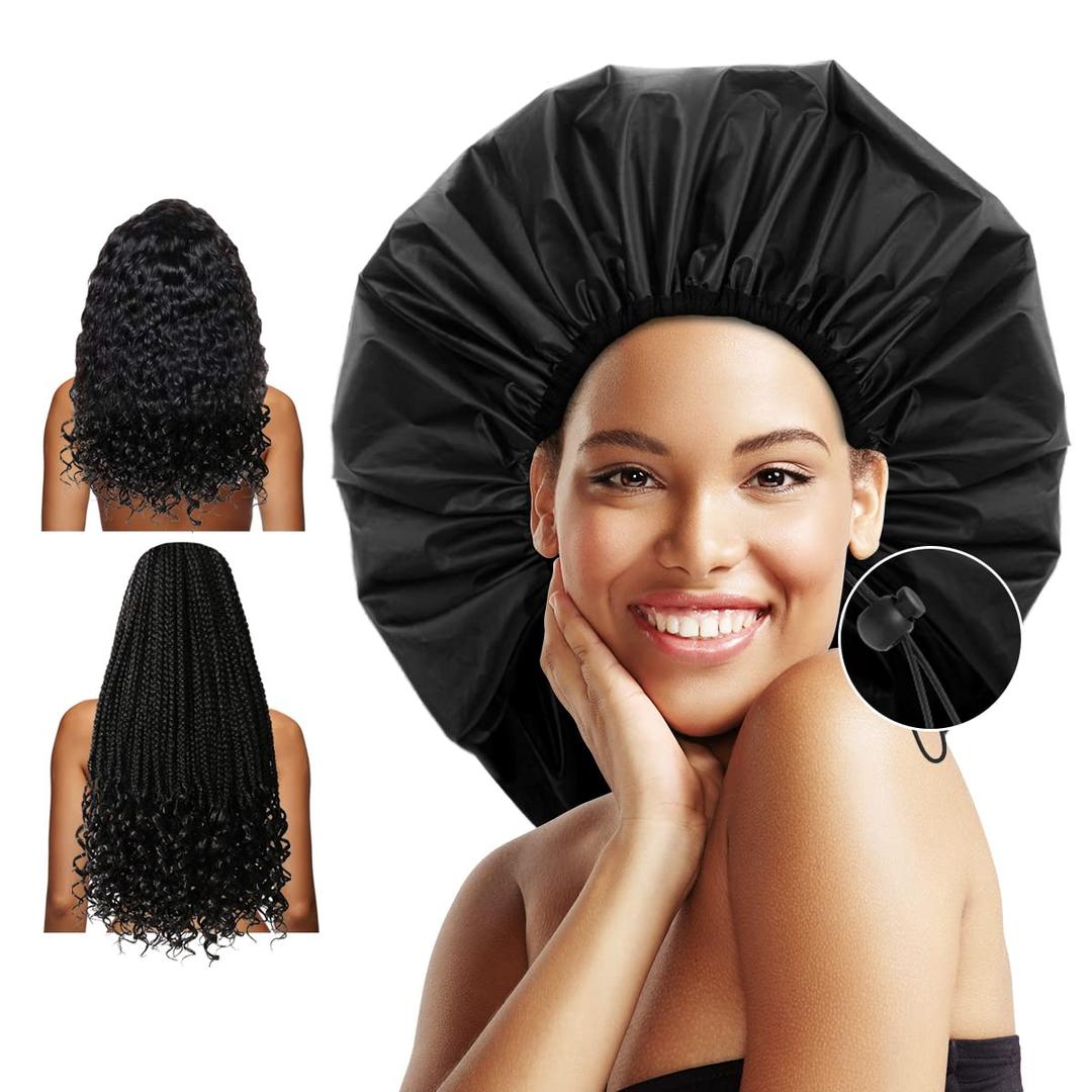 Auban Extra Large Shower Cap, Waterproof Reusable Hair Cap, XL Satin Lined Shower Bonnet for Women Men Thick Long Hair, Braids, Dreadlocks, Black (Adjustable)