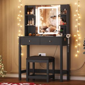 Vanity Desk with Mirror and LED Lights, Small Makeup Vanity Table Set with Drawers and Chair, Dressing Table with Power Outlet for Girls Bedroom, Black