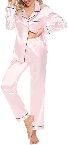 Samring Women's Silk Satin Pajamas Set Long Sleeve Button Down Sleepwear 2 Piece Pjs Lounge Set XXL (Dark Green)