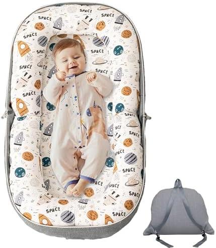 GloTika Baby Lounger, Foldable Infant Nest with Soft Memory Foam Mat, Cover with Adorable Pattern, Converts to Backpack for Easy Travel, 0-12 Months, Rocket