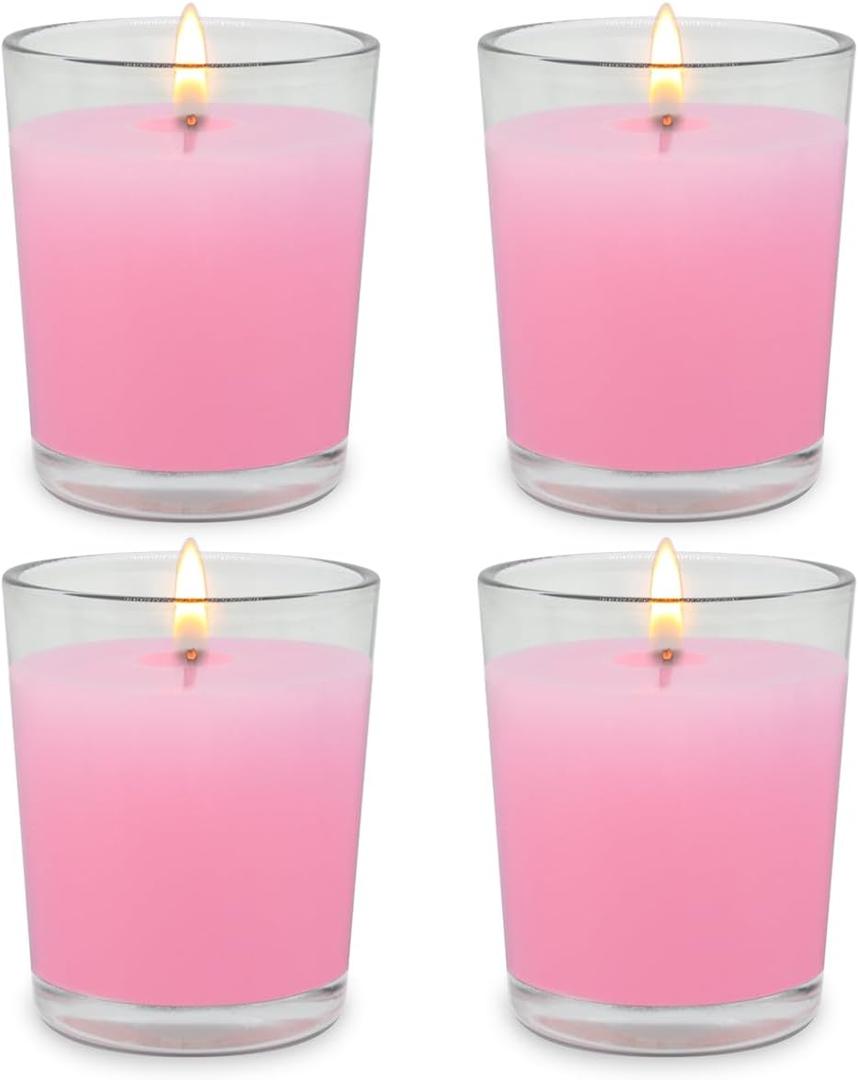 Set of 4 Pink Votive Candles, Clear Glass Filled Unscented Soy Wax Candle for Home Dcor Weddings Spa Holidays Party and DIY (1.8oz, 4 Packs)