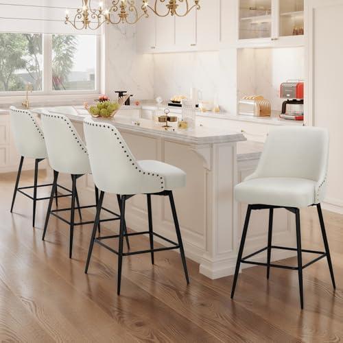 COLAMY Bar Stools Set of 2, 26.18" Counter Height Swivel Stools with Thick Padded Seat, Adjustable Footrest & 360 Rotation, Soft Fabric Upholstery for Kitchen Island/Home Bar/Cafe, Beige : Home & Kitchen