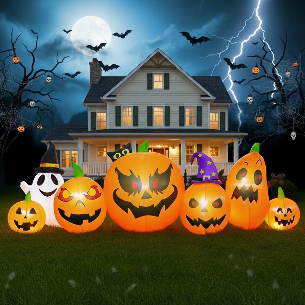 9.2 FT Halloween Yard Decorations Outdoor, Light-Up Pumpkin Inflatable with Ghost & Black Cat, Blow Up Lawn/Porch Dcor, Plug-in LED, Built-in Blower, About 40-Second Setup