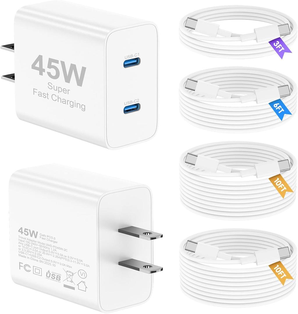 45W iPhone 17 16 15 Charger Fast Charging, 2Pack Dual Port USB C Charger Block with Long 60W 3/6/10/10FT USB C to C Cable, PD 3.0 Wall Charger Plug for iPhone 17/16 Pro Max/15 Series/iPad Pro