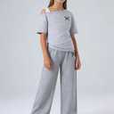 Teen Girls Clothes Off the Shoulder Top and Wide Leg Pants Matching Outfit Set with Pockets (Gray, M)
