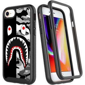 Compatible with iPhone SE Case/7 Case/8 Case,Street Fashion Luxury Black Gray Shark Design Shockproof Rugged Cover Dual Layer Soft TPU + Hard PC Bumper Full-Body Protective Cases