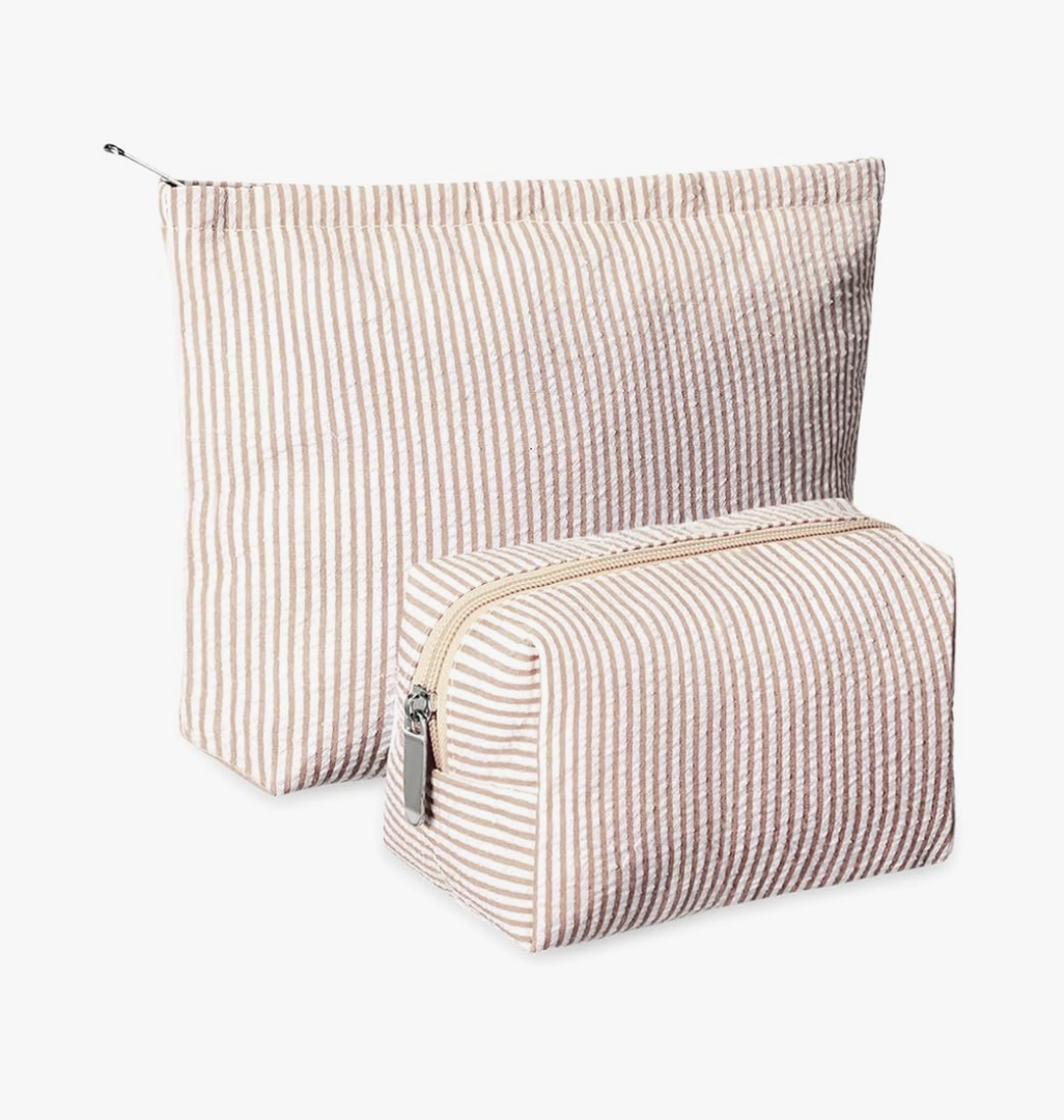 2 Pieces Makeup Bag Set Cute Cosmetic Pouch for Women Seersucker Travel Toiletry Bag Preppy Small Makeup Purse Pouch Aesthetic Skincare Brushes Storage Organizer for Women(Khaki)