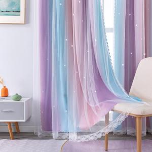 XiDi Curtains for Bedroom Decor, Kids Room Curtains for Girls Rainbow Colour, Pink Purple/34/102