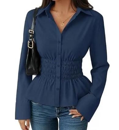 ZESICA Womens 2026 Spring Long Sleeve Blouse Business Dressy Casual Button Down Shirts Peplum Tops Fashion Trendy Clothes Navy Medium