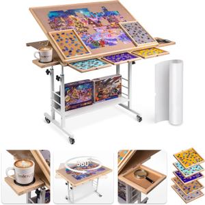 LAVIEVERT 1500 Piece Tilting Puzzle Table with 5 Drawers & Cover, Angle & Height Adjustable Puzzle Board with Removable Cup Holder & Storage Rack, Portable Wooden Table with Legs for Adults
