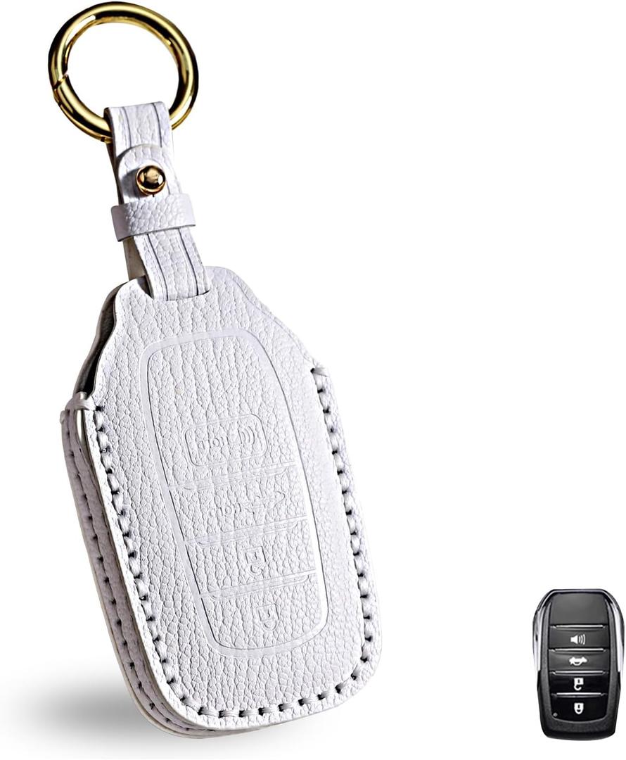 OLLEN NO-Screws Premium Leather Key Fob Cover, Fit for Toyota Tundra 2022 2023 2024 2025~, Fit for Corolla Cross Venza Sequoia, Car Key CaseWhite