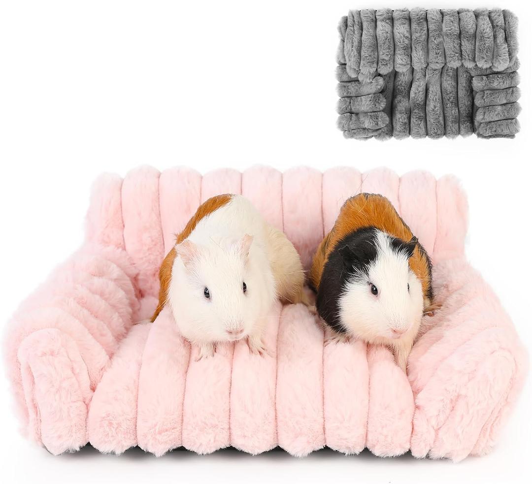 Guinea Pig Couch - Fluffy Small Pet Sofa with with Two Removable Washable Covers, Guinea Pig Bed with Stuffed Arms and Back, Super Cozy Corduroy Fleece, Pink and Dark Gray Respectively