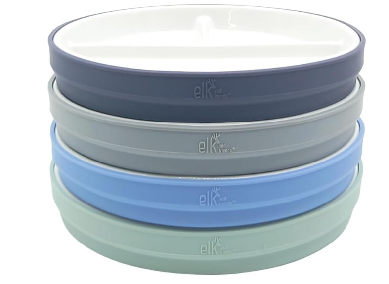 Elk and Friends Kids 7.8” Porcelain White Plates with Silicone Sleeves | Divided Plates | Suitable for Kids/Toddlers | Microwave & Dishwasher Safe | Non Slip | Snack Dishes