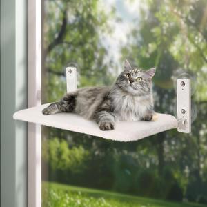 keny Cordless Cat Window Perch, Foldable Cat Hammock with 4 Suction Cups, Reversible Washable Cover, Large Size Cat Window Bed, White