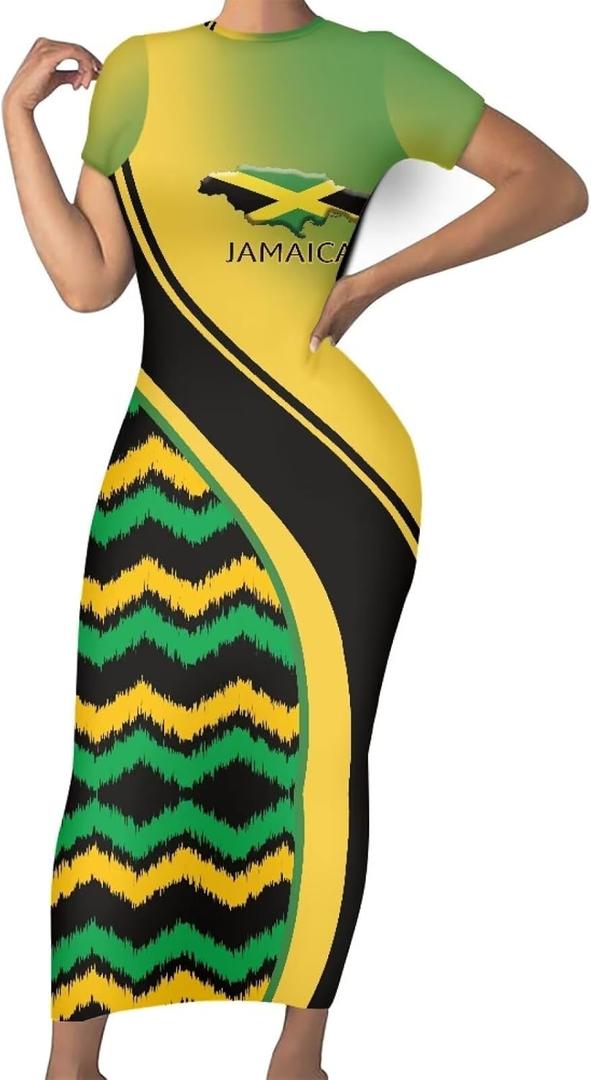 Jamaican Flag Bodycon Maxi Dress Plus Size Sheath Dress (Medium, Tribal Pattern Design)