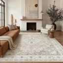8x10 Neutral Washable Vintage Area Rug for Living Room Bedroom Beige Brown Soft Non Slip Large Throw Rug Lightweight Floral Low Pile Distressed Carpet Office Playroom Home Decor